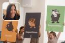 Channing pupils hold up posters of their cartoon characters and (inset) Dina Hamalis