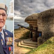 John Connolly, D-Day Royal Navy war veteran, and (right) the Batterie de Longues in Normandie
