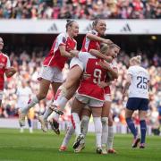 Arsenal women celebrate their goal scored by Alessia Russo against Tottenham Hotspur during the Barclays Women's Super League match at the Emirates Stadium, London. Picture date: Sunday March 3, 2024.