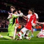 Arsenal's David Raya, Martin Odegaard, Ben White, Bukayo Saka and Declan Rice celebrate after winning the penalty shoot-out of the UEFA Champions League Round of 16, second leg match at the Emirates Stadium, London. Picture date: Tuesday March 12,