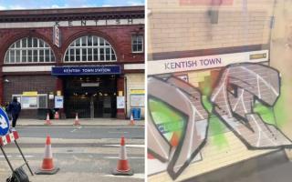 Outside Kentish Town station and a screengrab from a video shared by @KentishCyclist showing the graffiti