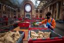 Volunteers from the Edible London food project help to prepare food parcels at Alexandra Palace in April 2020.