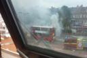 The bus on fire in Golders Green. Picture: Twitter/@ladytubedriver