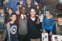 Dr Who actor Arthur Darvill (back centre) at University College School during a visit organised by Matthew Seaman (front centre right). Picture: Nigel Sutton