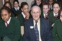 Students from La Sainte Union School learn about the Holocaust at Belsize Square Synagogue Survivor Harry Heber with students. Picture: Nigel Sutton