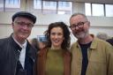 Artist Craig Barnard, Luther and Game of Thrones actor Indira Varma, and artist Mark Entwisle at the opening of Crouch End Open Studios' group exhibition