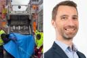 (Left) Camden Council's waste collectors were seen putting the tents in a truck (Streets Kitchen/X) and (right) Cllr Adam Harrison (Lab, Bloomsbury), cabinet member for a sustainable Camden. Photo: Camden Council