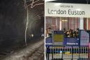 Euston station has been affected by the disruption. Left image shows damaged overhead cables. Right image shows stock image of Euston station.