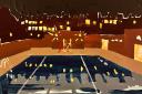 Parliament Hill Lido at night by Hackney artist Becky Baur is part of an exhibition at the pool cafe