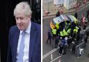 Prime Minister Boris Johnson, and police rescuing Labour leader Sir Keir Starmer after he was surrounded by a mob