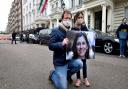 Richard Ratcliffe with his and Nazanin's daughter Gabriella outside the Iranian Embassy