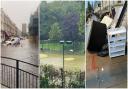 Floods in Maida Vale (centre/left) and drenched belongings (right)