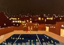 Parliament Hill Lido at night by Hackney artist Becky Baur is part of an exhibition at the pool cafe