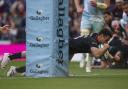 Alex Lozowski dives over for a try for Saracens against Harlequins at Tottenham Hotspur Stadium