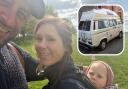 Alan pictured with his wife and daughter, and a picture of the stolen campervan, registration number E109 SHB
