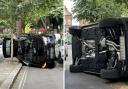 Images show the Audi Q8 flipped on its side after a crash in Church Row, Hampstead