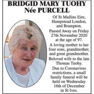 Bridgid Mary Tuohy, Née Purcell.
