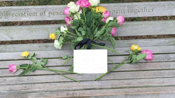 Ham & High: Flowers were laid on the bench where Sheila used to sit Ham & High: Flowers were laid on the bench where Sheila used to sit