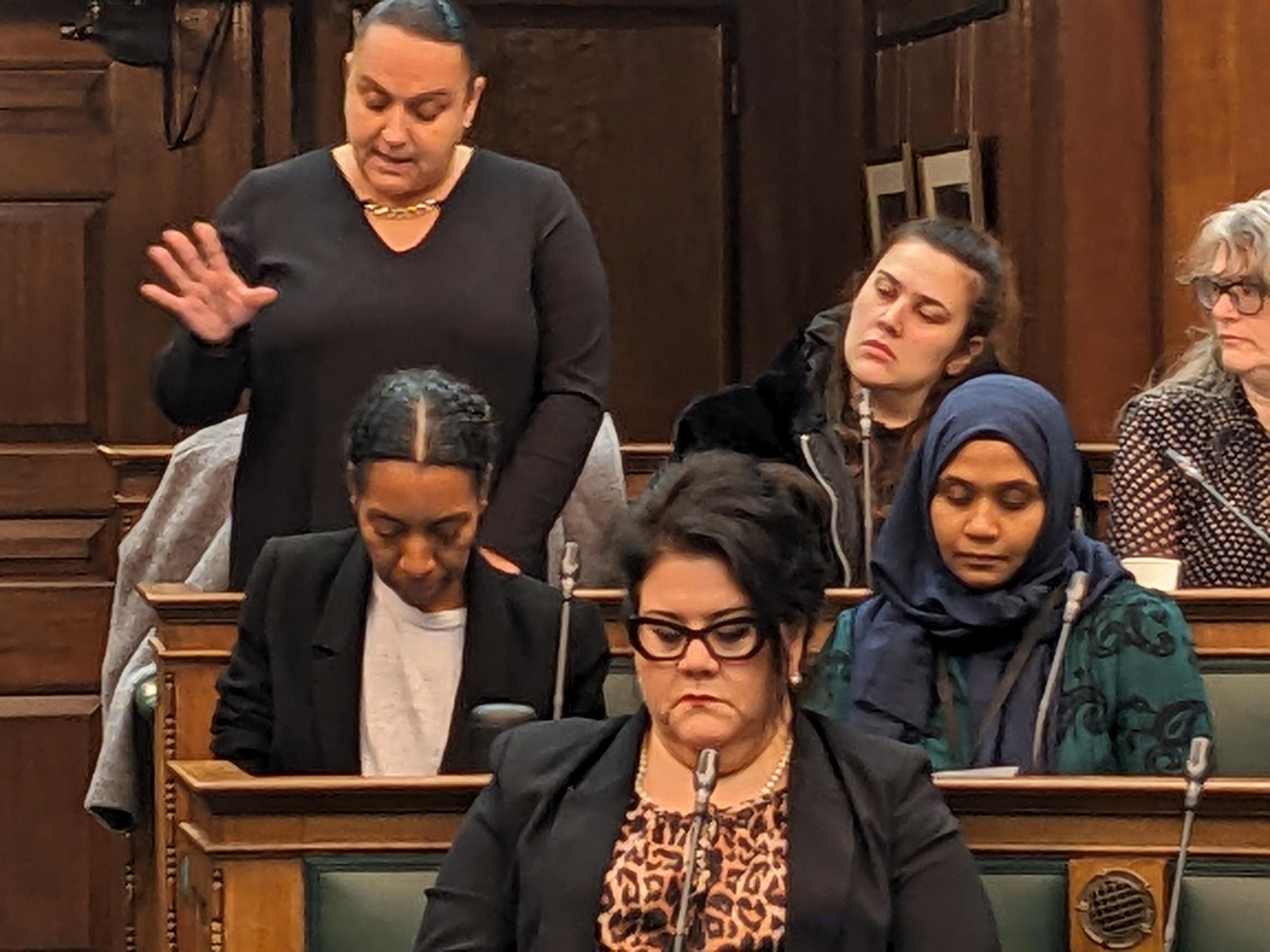 Sandra dos Santos from Sidings estateTRA addresses Camden Council Nov 2023. Pic Julia Gregory, free for use by partners of BBC news wire service