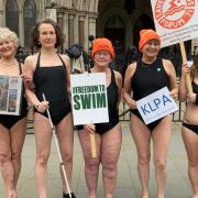 Kenwood Ladies' Pond swimmers outside the Royal Courts of Justice as they battle against the charging structure