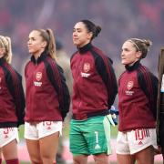 Arsenal manager Jonas Eidevall (right) stands with the team before the Vitality Women's FA Cup final at Wembley Stadium