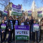 Cath Attlee with fellow north London Make Votes Matter supporters at democracy rally