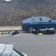 A motorcyclist collided with a car in Highgate Hill last Friday, prompting renewed calls to make the road safer.