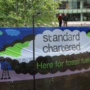 Protest at Aldersgate on Wednesday, May 6 against Standard Charter's investment in fossil fuels