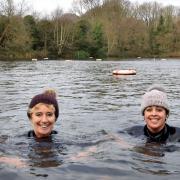 Kenwood Ladies Pond New Years Day swim 2019.
Pictured woolly hatted swimmers Christine and Shama. Picture: Polly Hancock