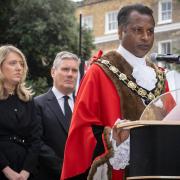 Camden mayor Cllr Nasim Ali OBE reads proclamation in the presence of Camden leader Cllr Georgia Gould and Labour leader Sir Keir Starmer