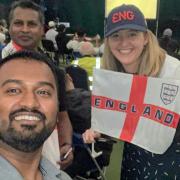Foyezur Miah, Cllr Georgia Gould and Cllr Nash Ali at the Dome in Queen's Crescent watching England
