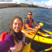 Zoe Barmes in a kayak ahead of her challenge with charity Climbing Out, with partner Zak Shafique
