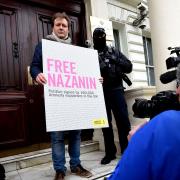 Richard on the steps of the Iranian Embassy to demand Nazanin's return