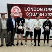 Winners and runners-up face the camera at the 2022 London Open Squash event at the Cumberland Club
