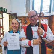 Charity founder and lay pioneer Dr Ann-Marie Wilson with Bishop of Edmonton Rob Wickham at St Barnabas, East Finchley