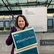 Catherine West handing in Swim England's #SaveOurPools petition