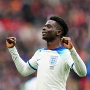 Bukayo Saka celebrates his stunning goal for England against Ukraine