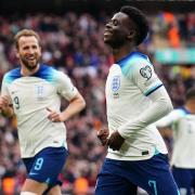 Bukayo Saka celebrates scoring for England against Ukraine