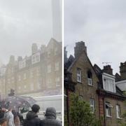 Pictures showing smoke and the damage from the fire in Cricklewood Broadway