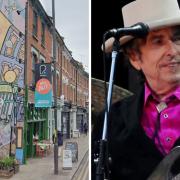 Banners in Crouch End (left) and Bob Dylan pictured (right)