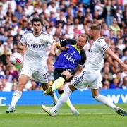 Tottenham's Harry Kane fires goalwards against Leeds