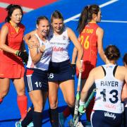 Sarah Robertson celebrates scoring for Great Britain against China