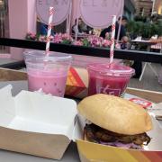 Leon's Barbiesque offerings: Ice pink latte, mango, passionfruit and lime smoothie and a chicken and bacon burger