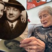 Eva Evans looks at her book for the first time at the age of 99, and inset with her father Felix in Berlin 1930s.