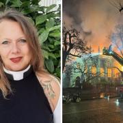 (Left) Mother Kate Harrison, vicar of St Mark's Church in Hamilton Terrace and (right) firefighters tackle the blaze on January 26