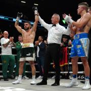Florian Marku (left) celebrates victory against Dylan Moran at the AO Arena, Manchester Picture: PA
