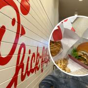 Chick-fil-A will be coming to the UK. The picture shows the inside of a Chick-fil-A and a chicken sandwich at a New York branch