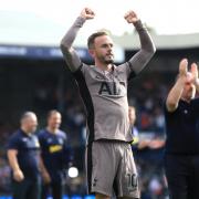 James Maddison celebrates Tottenham's win at Luton