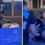 Screenshots from a video shared by @crimeLdn showing the fight outside the O2 Forum