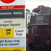 A sign showing the 24 bus route (left) and a vintage 29 bus from a YouTube video from 'Captured in India, London & the UK'